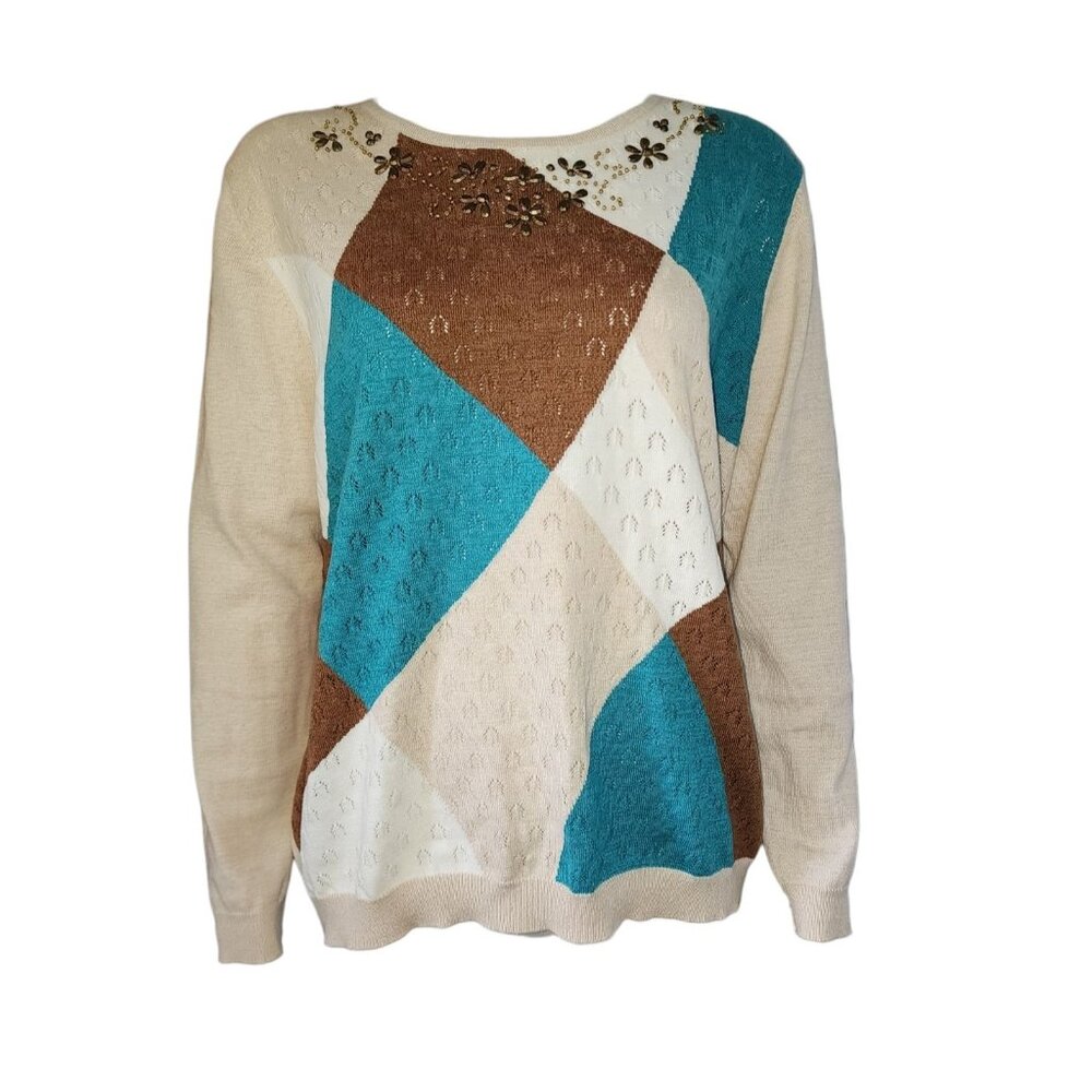 Alfred Dunner Sweater Womens Plus Size 1X Argyle Beaded Pullover Brown‎ Blue